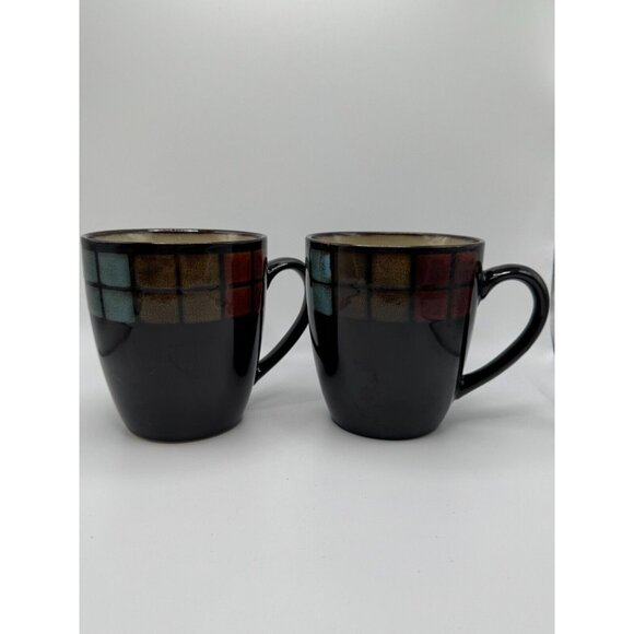 2 Gourmet Basics by Mikasa Antigua Coffee Mugs 4.5" tall Brown base geometric - Picture 1 of 5
